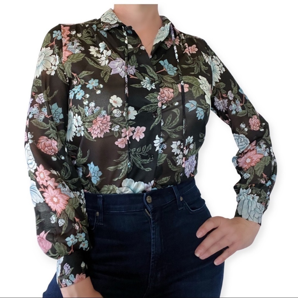 Vintage Lady Arrow 70s Floral Sheer Blouse Black Tie Neck Long Sleeve Size S/M